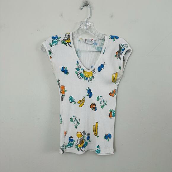 Licorice X White Ribbed Fruit Print Short Sleeve Shirt Girls Size L - Picture 1 of 7